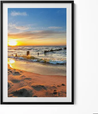 Produktbild von Sonnenaufgang am Meer– Wandbild mit Rahmen – Gerahmtes Bild  – Wanddekoration – 70x100 cm –  Schwarz Rahmen