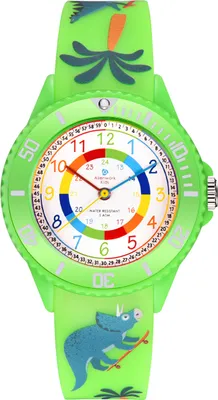Produktbild von Alienwork Kids Dino T-Rex Lernuhr Kinderuhr Jungen Mädchen Grün Silikon-Armband Mehrfarbig Kinder-Uhr Wasserdicht 5 ATM Zeit Lernen