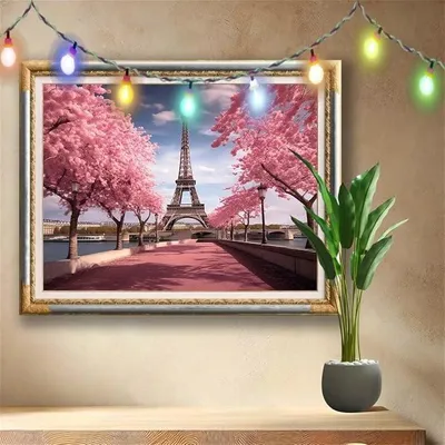 Imagen del producto de Kit de pintura con diamantes 5D para adultos, tamaño grande 120x160 cm, diseño de flor de cerezo y Torre Eiffel. Kit de manualidades de pintura con diamantes, bordado de cristal tipo "cross stitch" para niños, ideal para decorar paredes de dormitorios. Modelo 511N-360