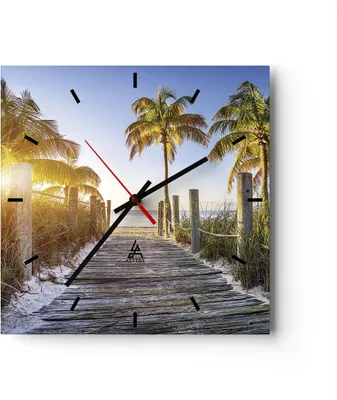 Produktbild von Wanduhr - Quadrat - Glasuhr - Strand Palmen Fußgängerbrücke - 30x30cm - Schleichendes Uhrwerk - Lautlos - zum Aufhängen bereit - Dekoration Modern - Wanddekoration aus Glas - C3AC30x30-4171
