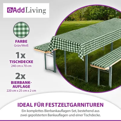 Produktbild von Bierbankauflagen-Set, Auflage Tischdecke 3-teilig Farbwahl, Farbe:Grün/Weiß