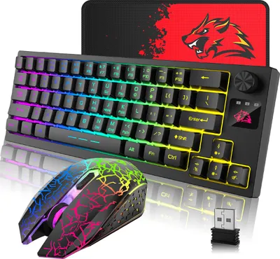 Produktbild von Kabelloses 2.4GHz RGB Tastatur-Maus Set, 64 Tasten, 2400 DPI Gaming Maus, 4000mAh Akku, kompatibel mit PS4/PS5/Xbox/PC und Mauspad, Schwarz