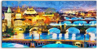 Produktbild von Coloray Acrylbild 140x70  Wandbild Acrylbilder Brücke Wasser Nacht bunte Prag Stadt