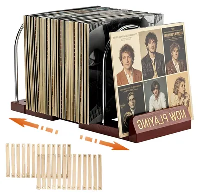 Imagen del producto de Soporte de madera para discos de vinilo (LP) con capacidad para 30-70 discos, que incluye un organizador