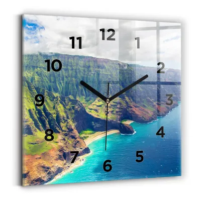 Obrázok produktu pre Wallfluent Hodiny - Sklenené Nástenné Hodiny - Tichý Quartz Strojček - Nástenná Dekorácia Spálňa Kuchyň - Čierna Ruky - 30x30 cm - More na Havaji
