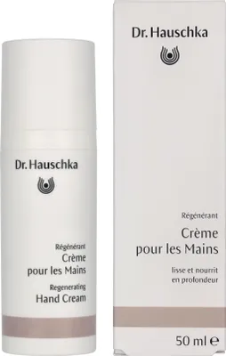 A product shot of a Dr. Hauschka Regenerating Hand Cream bottle and its packaging.