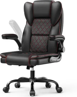 Obrázek produktu pro Kancelářská židle, velká ergonomická kancelářská židle s nastavitelnou bederní opěrkou, křeslo z umělé kůže, otočná židle s výklopovými podloketníky, relaxační křeslo pro kancelář i domácnost, černá barva