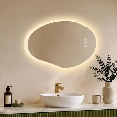 Produktbild von S'AFIELINA Badspiegel mit Beleuchtung 48 × 72 cm, rahmenlos, asymmetrisch,3 Lichtfarben, dimmbar, Antibeschlag und Memory-Funktion