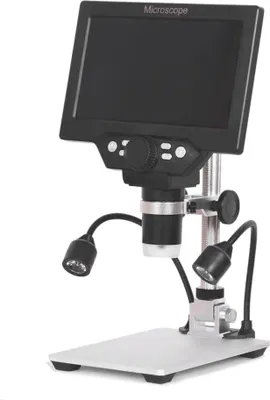A digital microscope with a screen and lights on a stand, isolated on a white background.