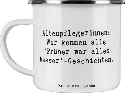 Produktbild von Mr. & Mrs. Panda Emaille Becher Spruch Altenpflegerin Geschichten - Weiß - Geschenk, Pott, Dank, handgefertigt, blechbecher, Berufsleben, Teetasse, Wertschätzung, Haferl
