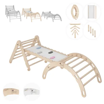Produktbild von MAMOI® Set Klettergerüst indoor, Kletterdreieck mit rutsche aus holz, Kletterbogen, Baby kinder klettern, Regenbogenwippe mit Rutschbrett, Holzbogen