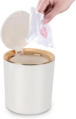 Image de Mini poubelle - Avec couvercle - 2,6 litres - En plastique - Idéale pour les bureaux, les salles de bains, les toilettes et la cuisine - Blanche