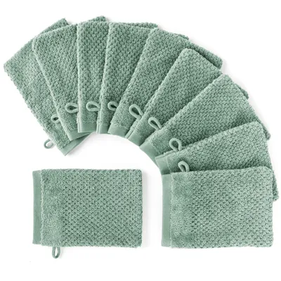 Produktbild von Pure Label 10-TLG Waschhandschuh Waschlappen Set mit Anhängeschlaufe aus 100% Baumwolle, saugstarkund weich | 10 Waschlappen 16x21cm, Grün - Salbei