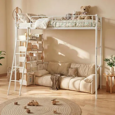 Immagine prodotto di Letto a castello 90x200 cm in metallo, con protezioni laterali e rete a doghe, colore bianco