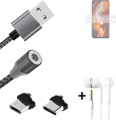 Produktbild von K-S-Trade® Hochwertiges Magnet-Lade-kabel Sync-Kabel Daten-Kabel + Kopfhörer kompatibel mit Wiko 10 mit USB-Typ-C-Anschluss und Micro-USB-Anschluss