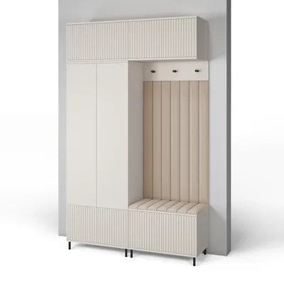 Produktbild von Garderoben-Set Ritmo Version 2 – gefräster Kleiderschrank mit hohen Füßen, Schuhschrank, Hängeschrank für den Flur (cashmere, Trinity 02)