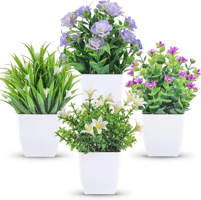 Imagen del producto de Pequeñas plantas artificiales con flores, juego de 4 unidades, mini decoración para el hogar