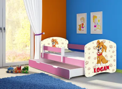 A child's bedroom with a pink junior bed featuring a dog graphic.