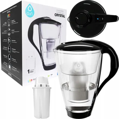 A product shot of a Dafi Crystal water filter pitcher and its packaging, along with a spare filter cartridge.
