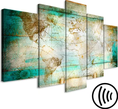 Produktbild von Akustikbild Weltkarte 200x100 cm Bilder Akustikschaum Hochleistungsschallabsorber Schallschutz Leinwand 5 tlg Wandbild Raumakustik Schalldämmung Landkarte Holzoptik türkis k-C-0123-b-m