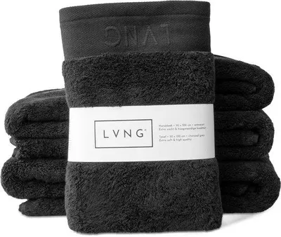 Imagen del producto de Juego de toallas Unyqoos® LVNG – 6 toallas de 50x100 cm, 100% algodón orgánico (600 g/m²), certificado GOTS, calidad hotelera, color antracita