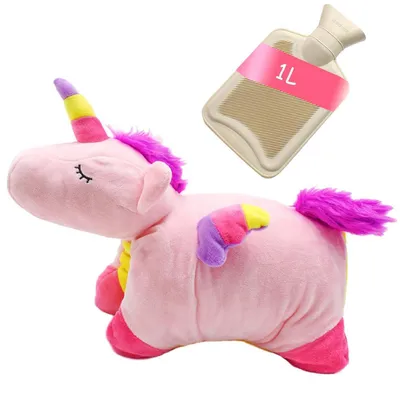 Immagine prodotto di Borsa dell'acqua calda con rivestimento in peluche, capacità 1 litro, a forma di unicorno, ideale come scaldamani per bambini e adulti