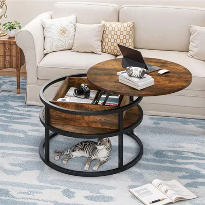 A living room scene with a coffee table, sofa, and a cat.