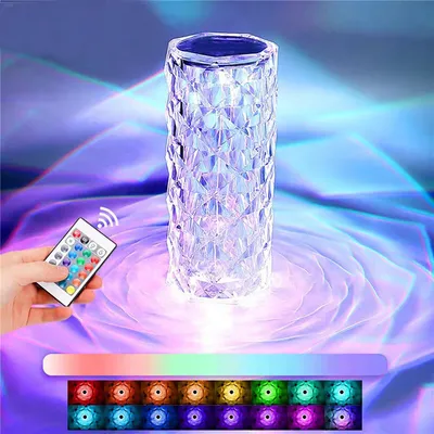 Produktbild von (Rose) Stolní lampa Crystal Diamond, 16 barev USB nabíjecí dotyková lampa na noční stolek s dálkovým ovládáním, LED stolní světla s akrylovými paprsky