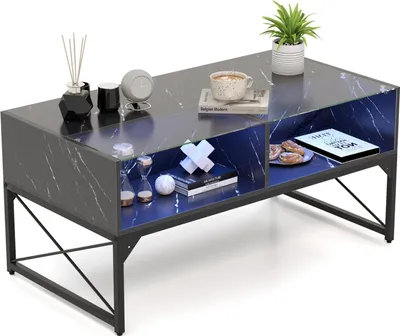 Produktbild von GOPLUS Couchtisch Hochglanz, Wohnzimmertisch mit LED Beleuchtung, 4 offenen Fächern, Marmoroptik & gehärtete Glasplatte, Schwarz