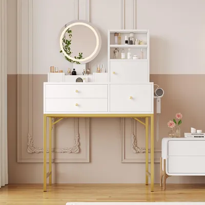 Zdjęcie produktu dla Flieks toaletka z funkcją ładowania i uchwytem, toaletka do makijażu z szufladami i półką, lustro z diodą LED, 80x40x134 cm, biała