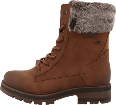 Das Bild zeigt einen braunen Stiefel der elegant und klassisch aussieht. Der Stiefel ist von der Seite abgebildet und hebt die Form sowie die Details hervor.