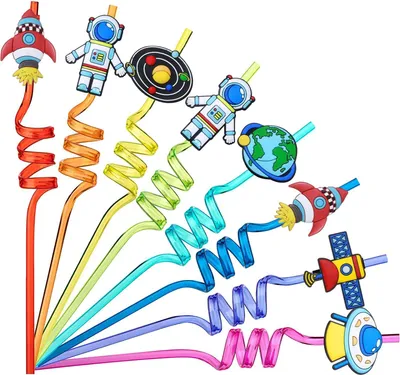 Imagen del producto de Pequeños regalos para fiestas infantiles: set de 16 unidades. Decoración espacial, pajitas reutilizables, decoración para fiestas