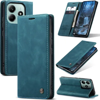 A collage of images showing a blue flip-style phone case for a Xiaomi Redmi Note 14 5G.