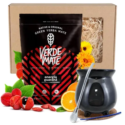 Produktbild von Verde Mate - Yerba Mate Tee Set Guarana 400g - Keramik Becher 350ml - Dicke Blätter 5mm - Bombilla Korkuntersetzer Reiniger - Luftgetrocknet Brasilien