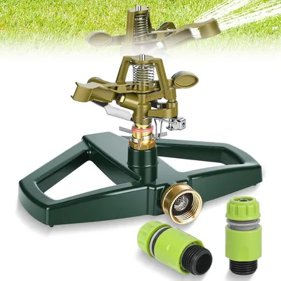 Imagen del producto de Aspersor con base metálica, chorro ajustable, rotación de 360°, para áreas de hasta 5800 m², ideal para riego de jardines