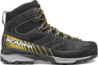 Schwarz-gelbe Zustiegsschuhe "Mescalito TRK GTX" von Scarpa; mit robustem Obermaterial und griffiger Sohle.