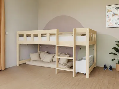 Produktbild von Niedriges Hochbett PLOTTY mit Leiter 90x200 cm – Transparente, matte Wachslasur – Rechts