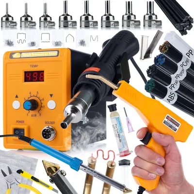 Immagine prodotto di 858D Set aria calda + saldatrice + saldatore 80 W + flussante + 5 ugelli + 3 reti + 6 tipi di saldatura 50 g + custodia + accessori