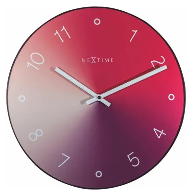 A round wall clock with a gradient of red, pink, and purple colors.