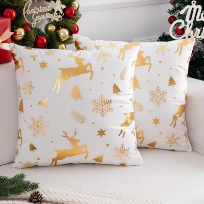 Immagine prodotto di Cuscini decorativi natalizi, set da 2, 40x40 cm, colore bianco e oro, in velluto