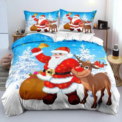 Obrázok produktu pre Vianočná súprava posteľnej bielizne, 200x200 cm, červená a modrá, 3D mikrovlákno, 3-dielna s zipsom, 2x obliečka na vankúš 80x80 cm