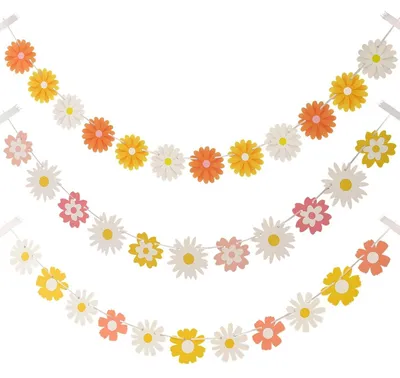 3er Set Gänseblümchen-Girlanden, Papierblumen Deko, 2m, Retro-Stil