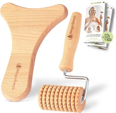 Produktbild von Gesichtsmassagegeräte Set, Buchenholz, mit Roller und Massagebrett, für Gesichtspflege