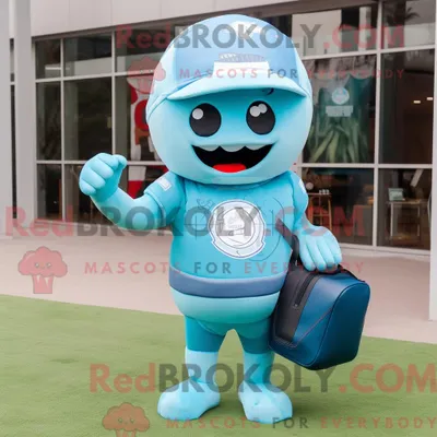 Produktbild von Himmelblaues REDBROKOLY American Football Helm Maskottchen Kostüm Charakter bekleidet mit einem Tank Top und Tragetaschen