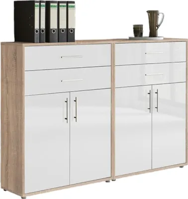 Produktbild von Aktenschrank TABOR 17 in Eiche Sonoma / weiß Hochglanz, Schrankwand, Büroschrank, Metallgriffe