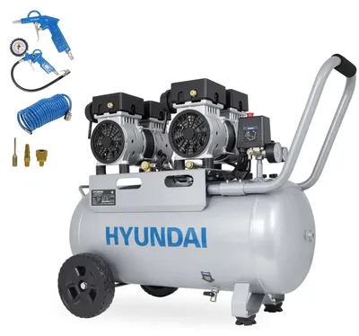Produktbild von HYUNDAI Silent Kompressor SAC22050 SET (Druckluftkompressor leise, ölfrei, Flüsterkompressor, compressor flüsterleise, 67dB, 50L Kessel, 9bar, 2.2kW, 384L/Min)