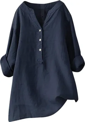 Image de ASKSA Femme Coton Lin Chemisier Unicolore Manches Longues Chemise Libre Boutons Enrouleurs Tops, Bleu Foncé, Taille : XXL