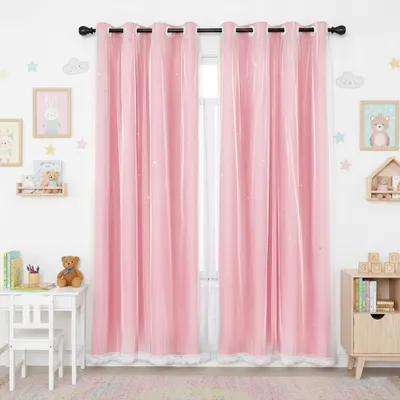 Produktbild von 2 Stück Vorhang Blickdicht Gardinen Stern Doppelschicht Ösenvorhänge mit Voile für Schlafzimmer Wohnzimmer Kinderzimmer, Rosa, B130xH215cm