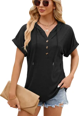 Produktbild von ASKSA Damen Hoodie T-Shirt Knopfleiste V-Ausschnitt Sommer Kurzarm Kapuzenshirt Casual Lose Shirts Kapuzenpullover Tee Oberteile (Schwarz,S)