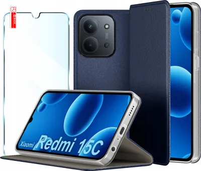Zdjęcie produktu dla Etui Skórzane Zamykane Granat MAGNETYCZNE CASE do Xiaomi Redmi 15C 5G SZKŁO